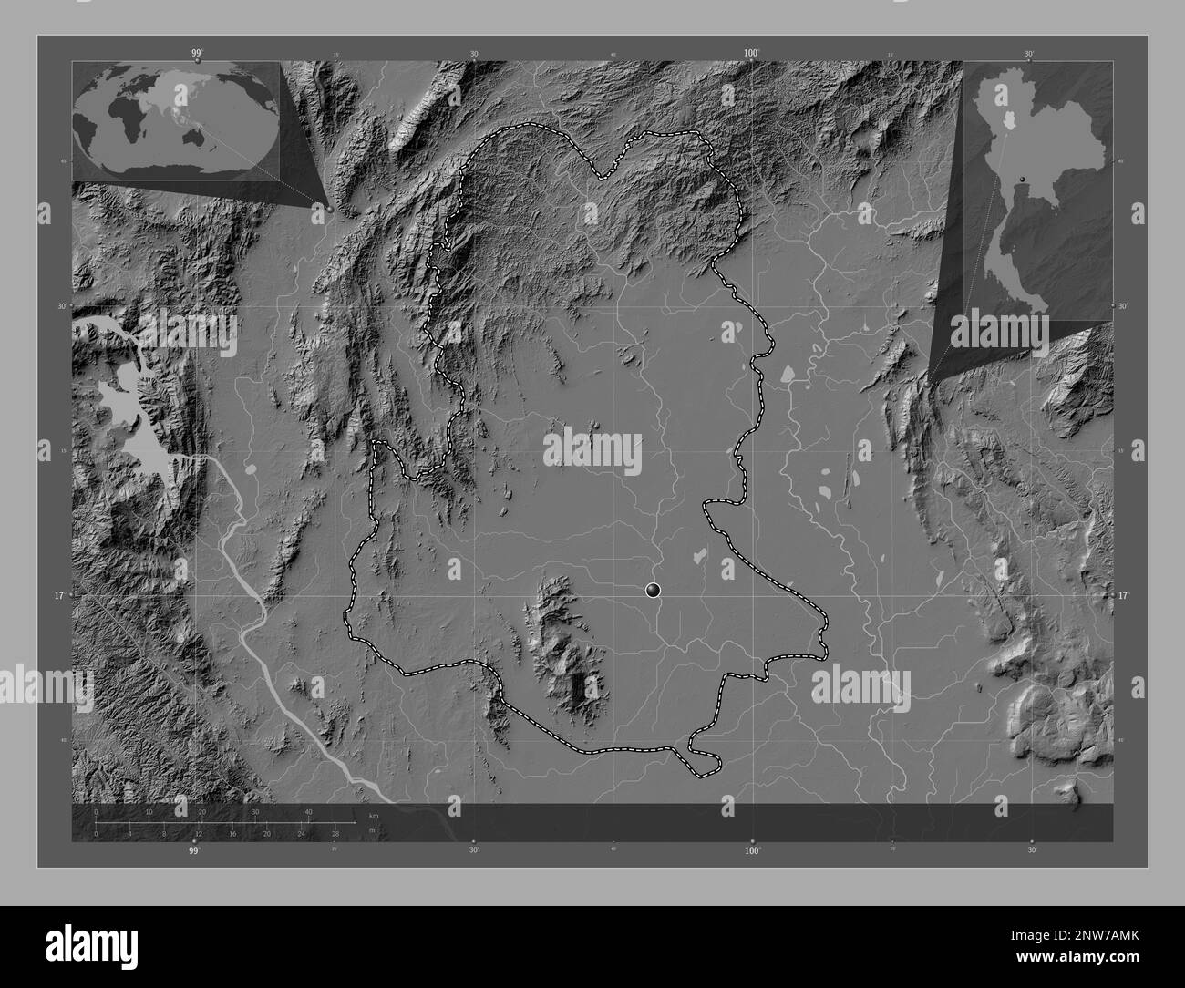 Sukhothai, provincia della Thailandia. Mappa altimetrica bilivello con laghi e fiumi. Mappe delle posizioni ausiliarie degli angoli Foto Stock