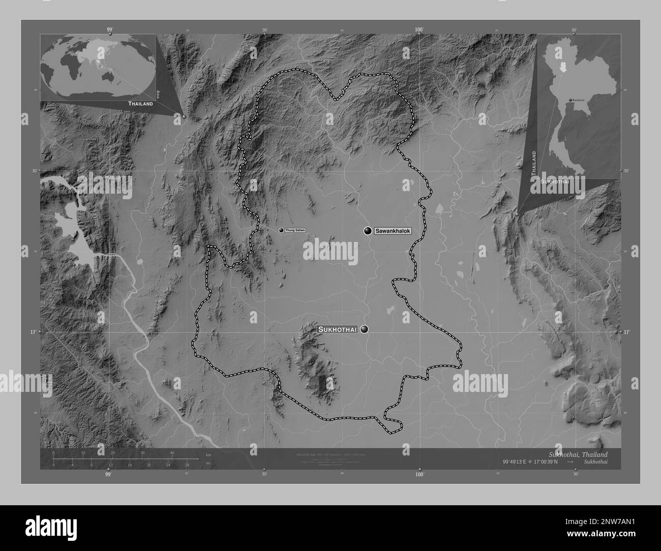 Sukhothai, provincia della Thailandia. Mappa in scala di grigi con laghi e fiumi. Località e nomi delle principali città della regione. Angolo ausiliario basso Foto Stock