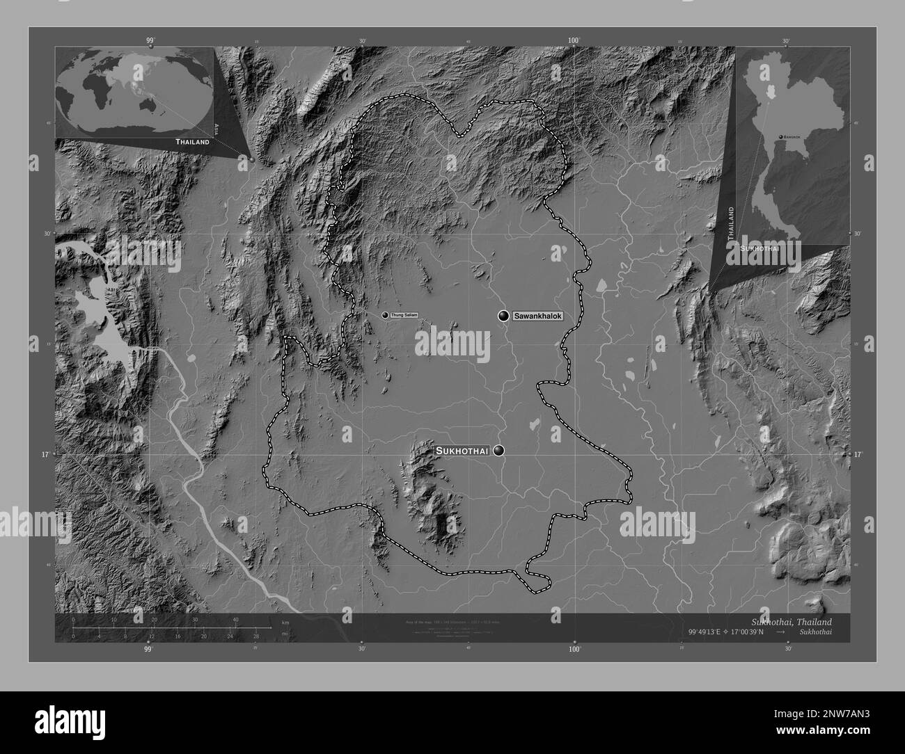 Sukhothai, provincia della Thailandia. Mappa altimetrica bilivello con laghi e fiumi. Località e nomi delle principali città della regione. Posizione ausiliaria d'angolo Foto Stock