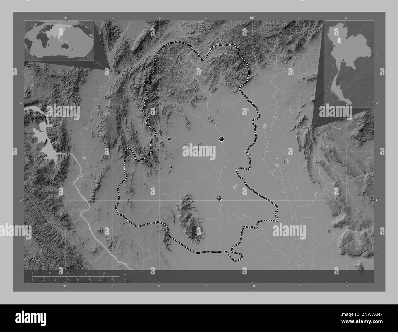 Sukhothai, provincia della Thailandia. Mappa in scala di grigi con laghi e fiumi. Posizioni delle principali città della regione. Mappa della posizione ausiliaria ad angolo Foto Stock