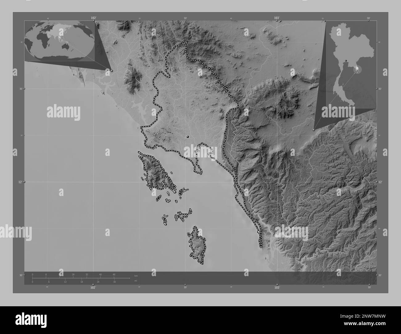 Trat, provincia della Thailandia. Mappa in scala di grigi con laghi e fiumi. Mappe delle posizioni ausiliarie degli angoli Foto Stock