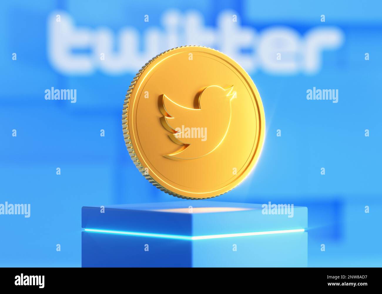 Valencia, Spagna - Febbraio, 2023: Presentazione della moneta twitter d'oro su uno stand e sfondo blu nel 3D. Twitter sta lavorando su una funzione che al Foto Stock