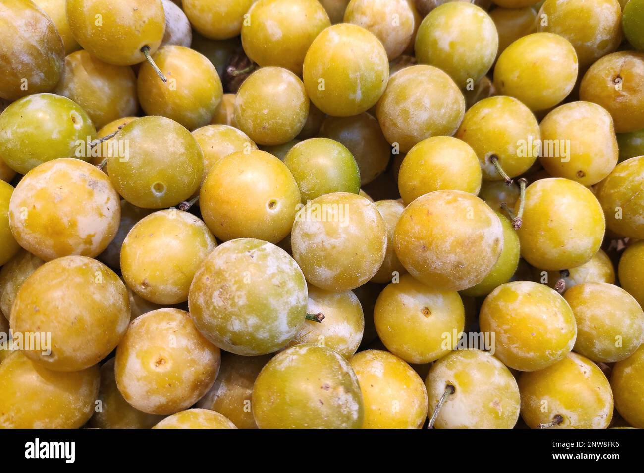 Pila di prugne Mirabelle (Prunus domestica subsp. Siriaca) su una stalla mercantile. Foto Stock