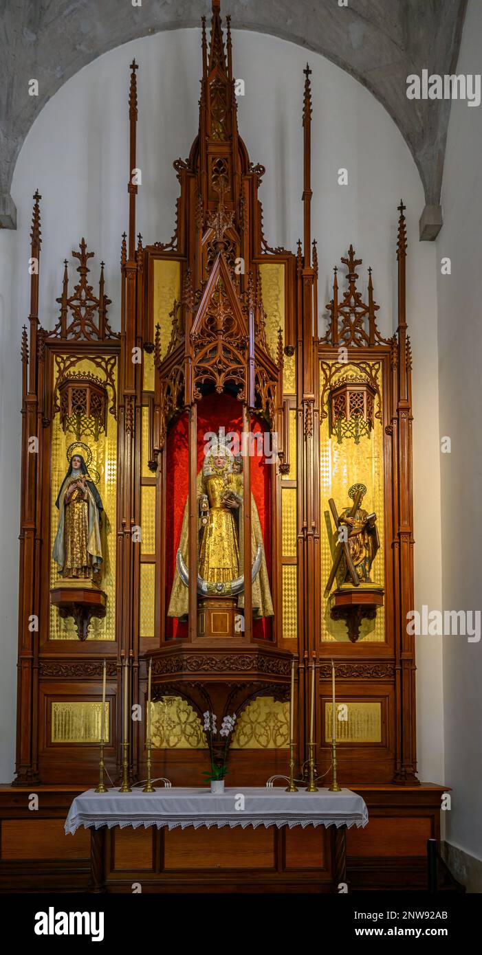 La pala d'altare neogotica 1619 della Madonna del Monte Carmelo, con la Vergine del Monte fiancheggiata da Sant'Andrea e Santa Teresa di Lisieux Foto Stock
