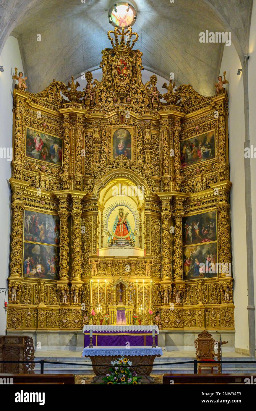 La grande pala d'altare barocca di nostra Signora dei rimedi nella Cattedrale di San Cristobal de la laguna fiancheggiata da sette pannelli di Hendrick Van Balen Foto Stock
