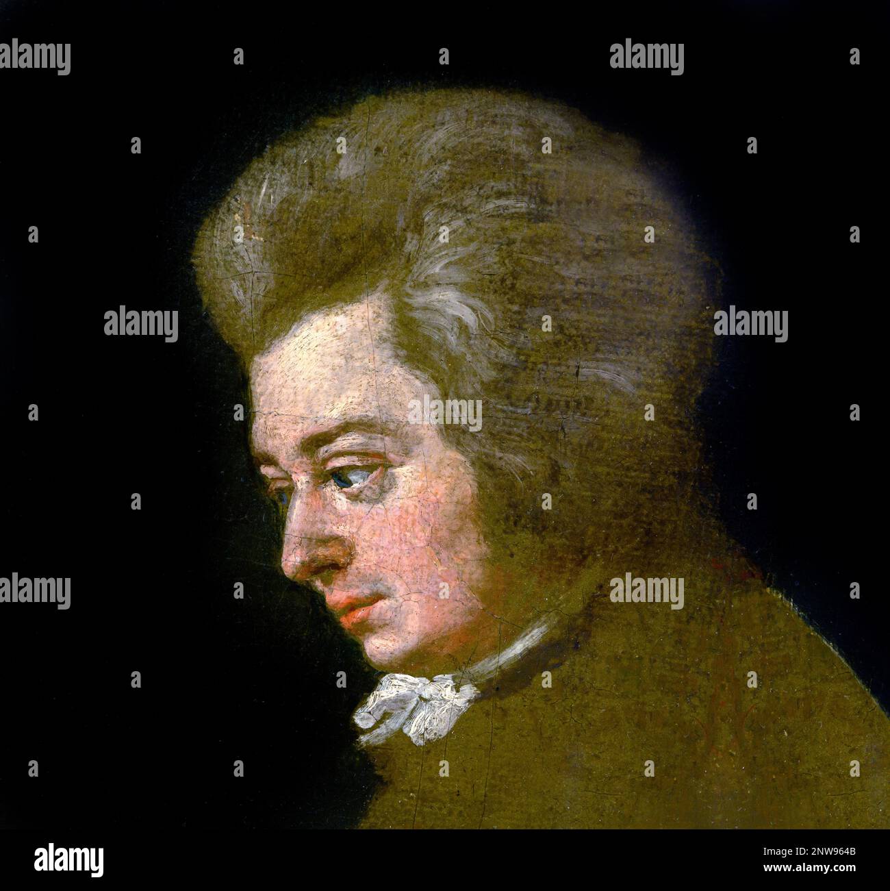 Mozart. Ritratto di Wolfgang Amadeus Mozart (1756-1791) nel luogo natale di Mozart (Mozarts Geburtshaus), dipinto incompiuto di Joseph Lange, c. 1782-1789. Questo dipinto è considerato dagli storici come la più accurata somiglianza superstite del compositore. Foto Stock