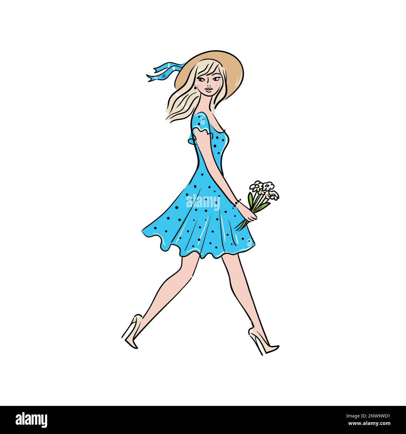 Bella giovane donna porta flowers.Summer stock vettore illustration.Girl in un cappello di paglia. Illustrazione Vettoriale