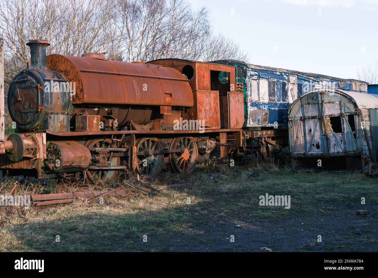 Motore a vapore della ferrovia arrugginito e carrozze del treno derelitto al Tyneside Locomotive Museum aggiungendo Tanfield Railway a Marley Hill vicino Stanley Foto Stock