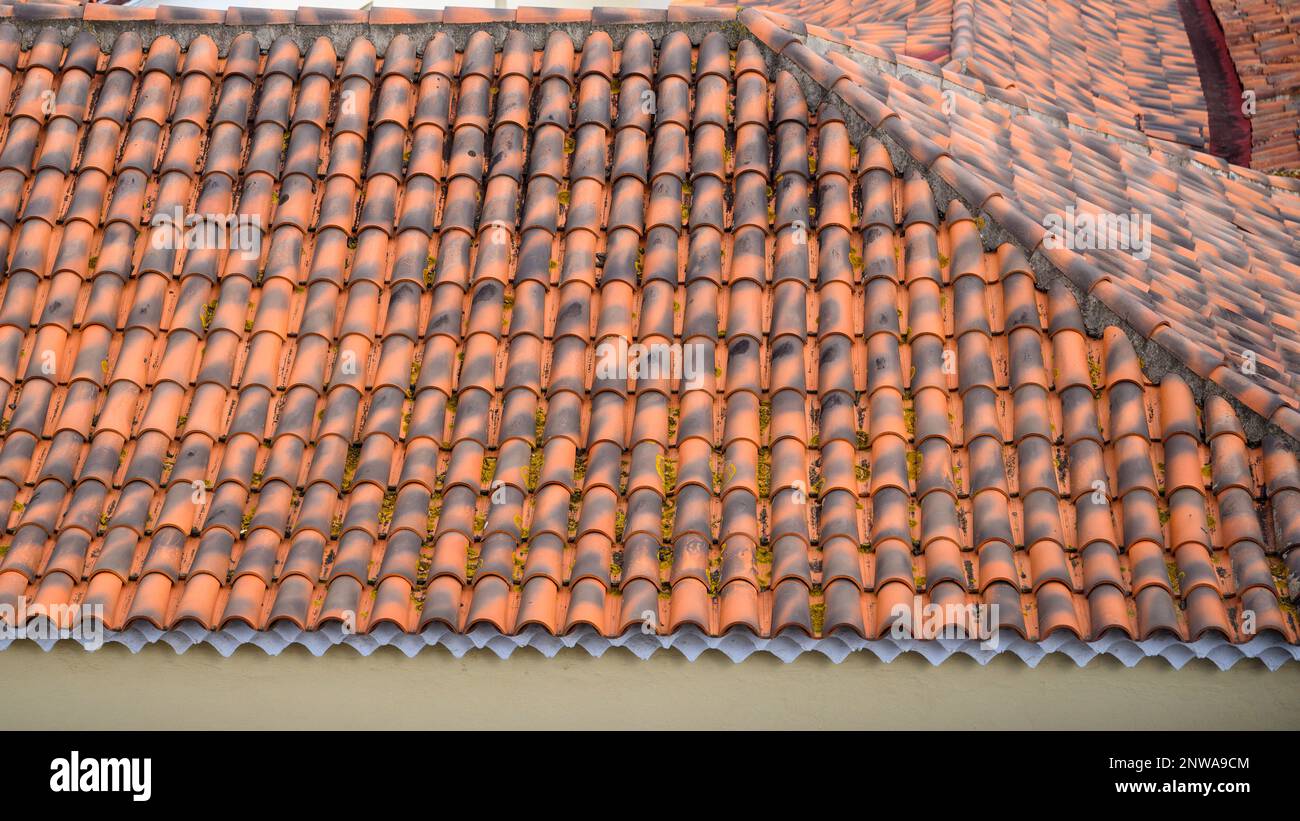 Le bande scure si increspano sulle piastrelle di terracotta arancione brillante di un tradizionale edificio delle Canarie a San Cristobal de la Laguna a Tenerife Foto Stock