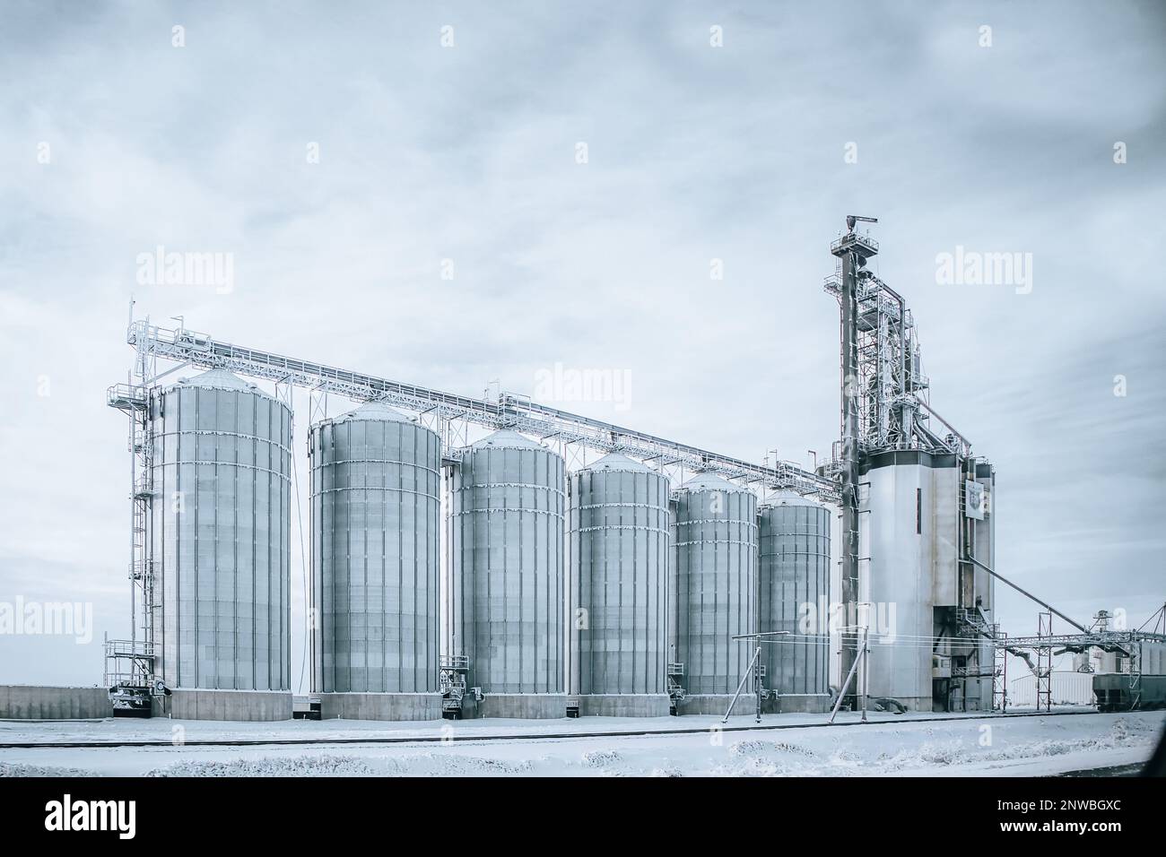 Un moderno terminale a grano con sei bidoni in acciaio in un paesaggio rurale invernale Foto Stock