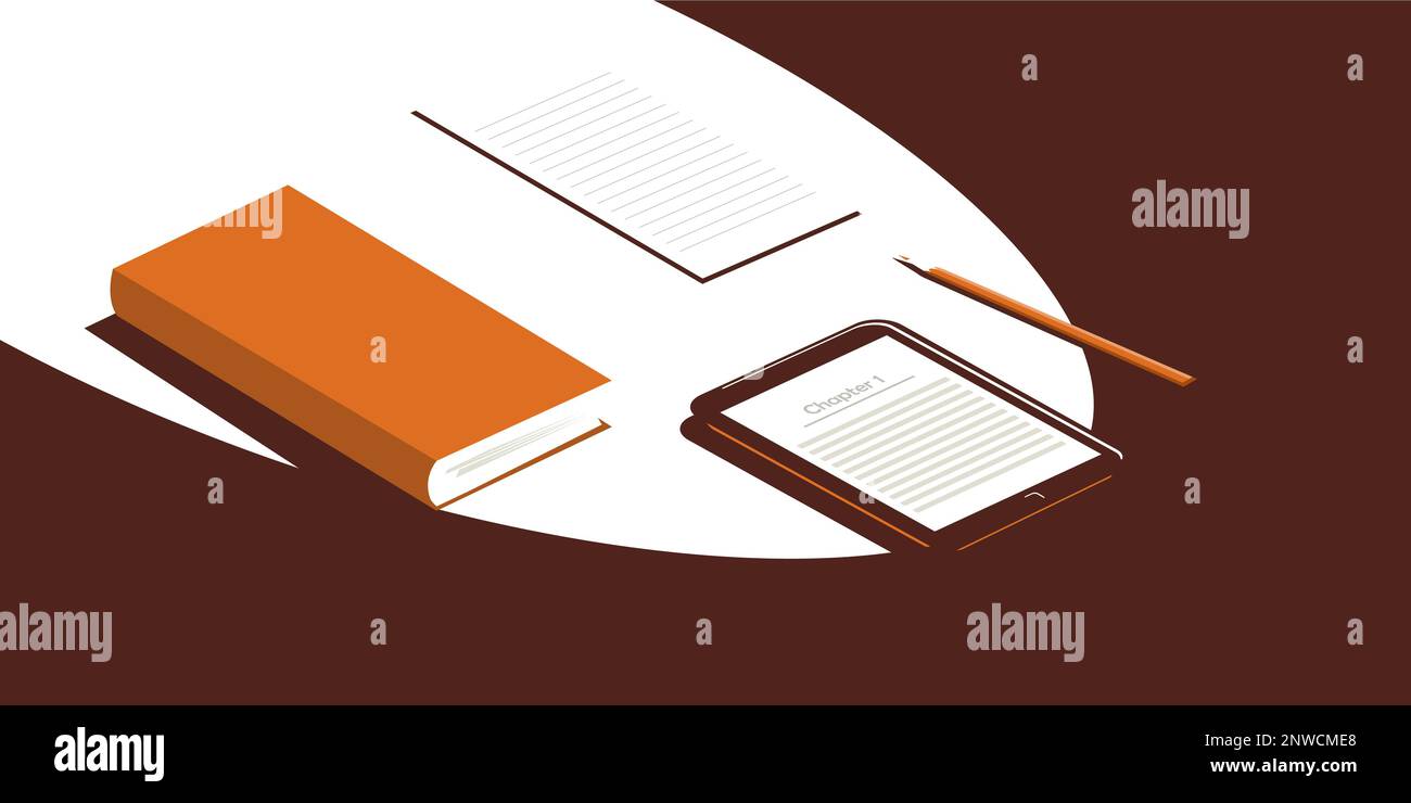 Libro e dispositivo elettronico per la lettura di libri sul tavolo. Accanto a un foglio e a una matita. Il concetto di apprendimento o di lettura Illustrazione Vettoriale
