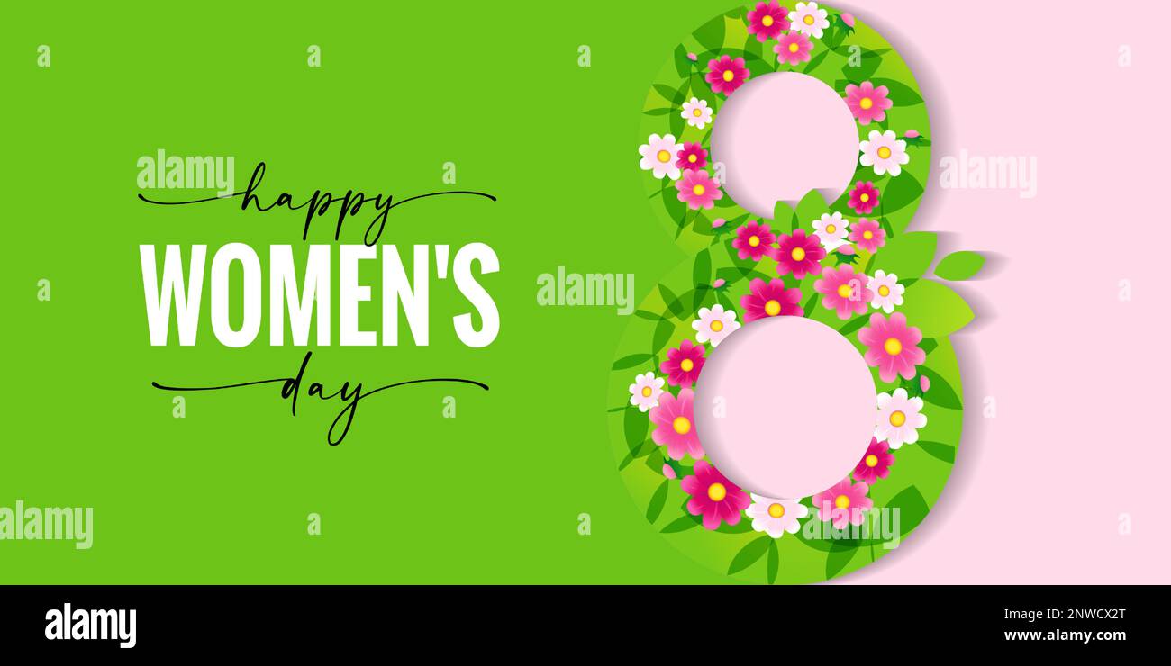 Happy International Womens Day, banner di saluto con il 8th marzo. Elemento isolato vettoriale per marzo 8th con fiori decorativi e foglia di primavera Illustrazione Vettoriale