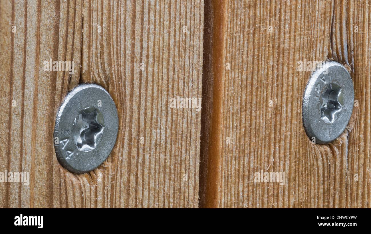 Tavole di larice con viti in acciaio inox su fondo in legno. Primo piano di tavole naturali con teste argentate rotonde di viti autofilettanti in legno Torx. Foto Stock