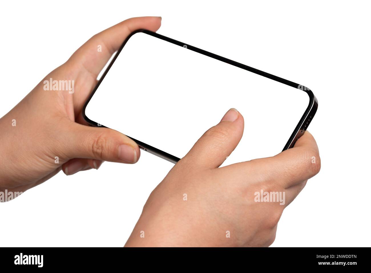 Tenendo lo smartphone in vista orizzontale con le mani caucasiche isolate Foto Stock