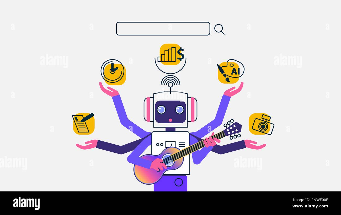 Illustrazione di un simpatico robot cartoon con più mani, ciascuna delle quali mostra le icone delle attività di ricerca più diffuse sul palmo della mano, su uno sfondo bianco. A. Illustrazione Vettoriale