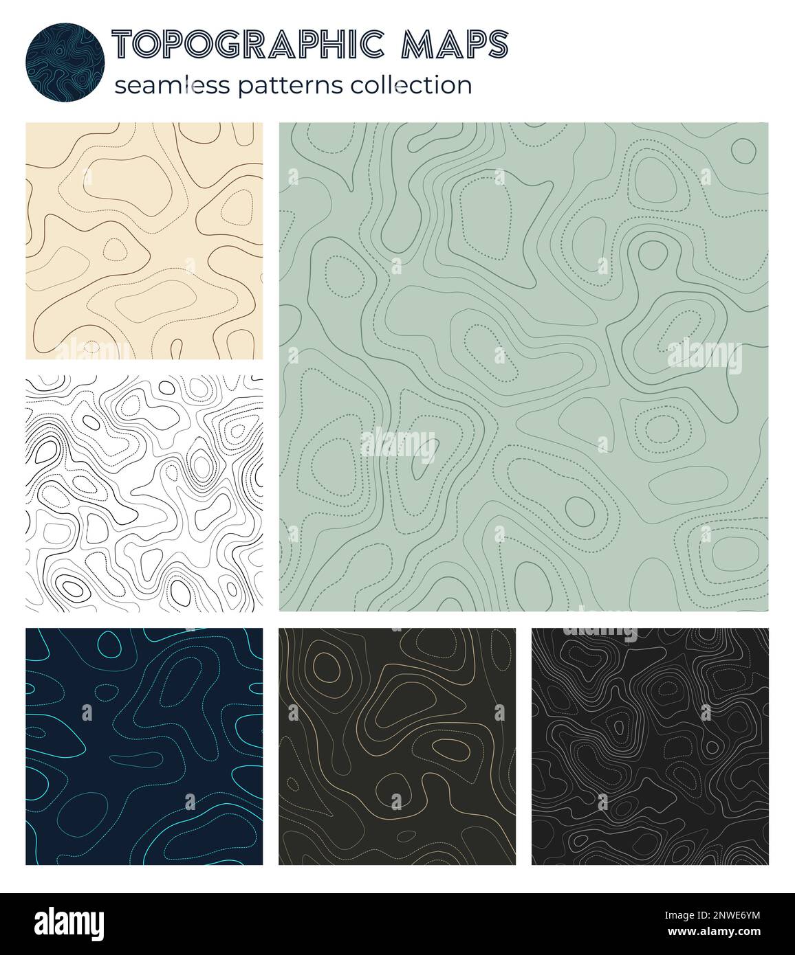 Mappe topografiche. Motivi isolati artistici, design senza cuciture. Sfondo brillante e inclinabile. Illustrazione vettoriale. Illustrazione Vettoriale