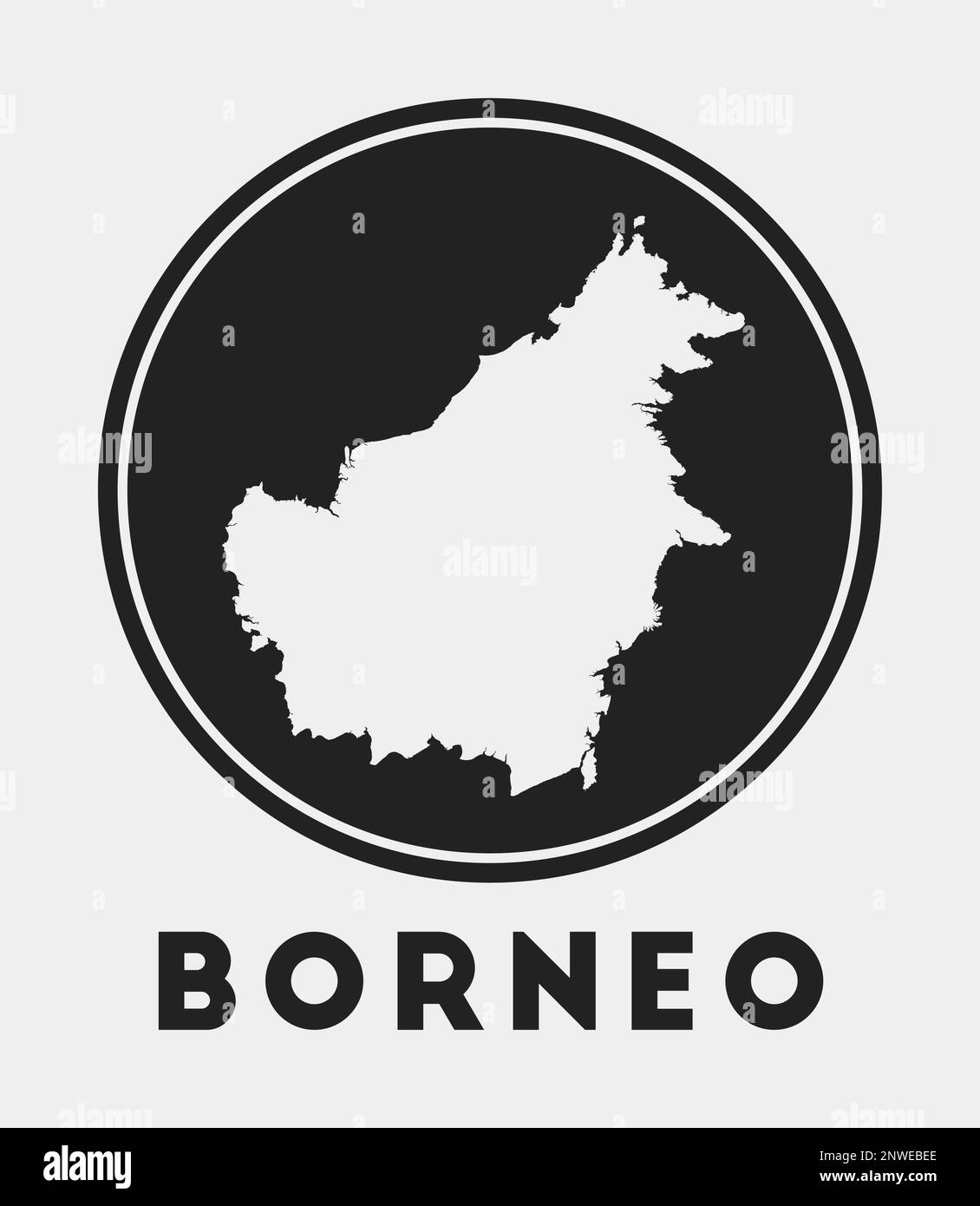 Icona del Borneo. Logo rotondo con mappa dell'isola e titolo. Elegante distintivo Borneo con mappa. Illustrazione vettoriale. Illustrazione Vettoriale