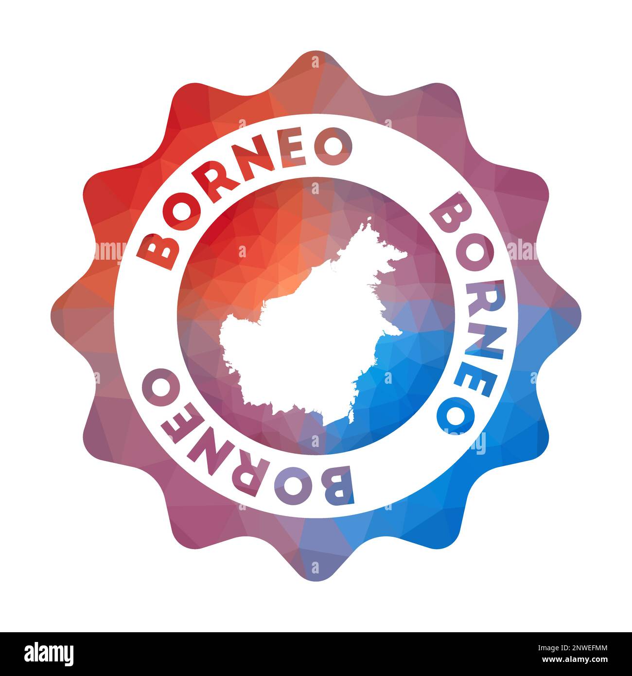 Logo Borneo basso in polietilene. Colorato logo di viaggio sfumato dell'isola in stile geometrico. Multicolore poligonale Borneo segno arrotondato con mappa per il vostro inf Illustrazione Vettoriale