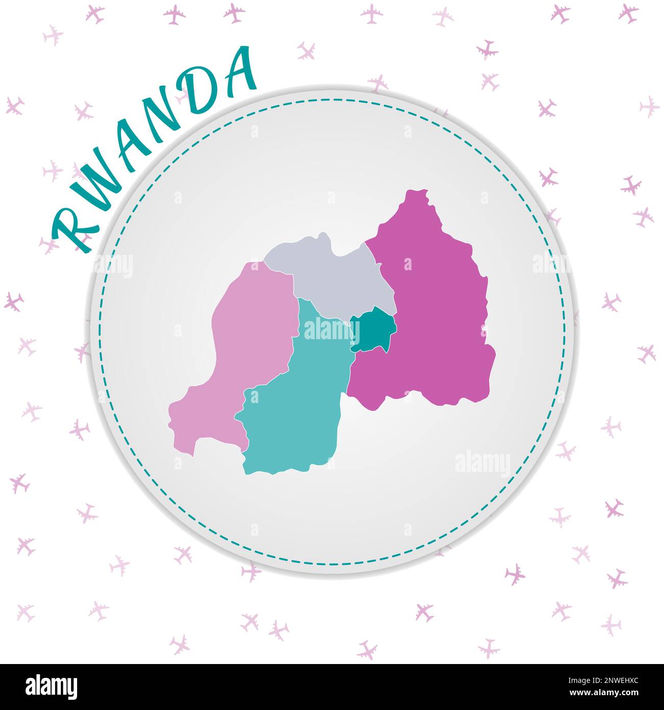 Progettazione di mappe del Ruanda. Mappa del paese con regioni nella tavolozza dei colori smeraldo-ametista. Illustrazione Vettoriale