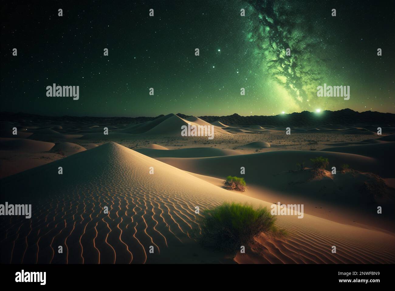 Notte stellata nel deserto con dune, cielo notturno scuro con stelle. Via Lattea sul deserto. Vista panoramica del deserto contro il cielo di notte. Foto Stock