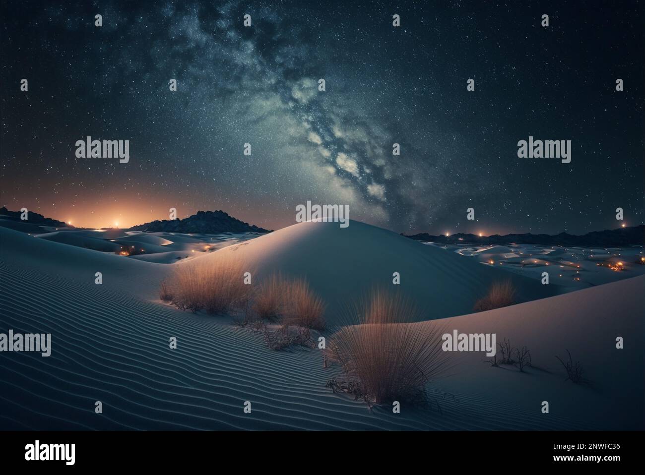 Notte stellata nel deserto con dune, cielo notturno scuro con stelle. Via Lattea sul deserto. Vista panoramica del deserto contro il cielo di notte. Foto Stock