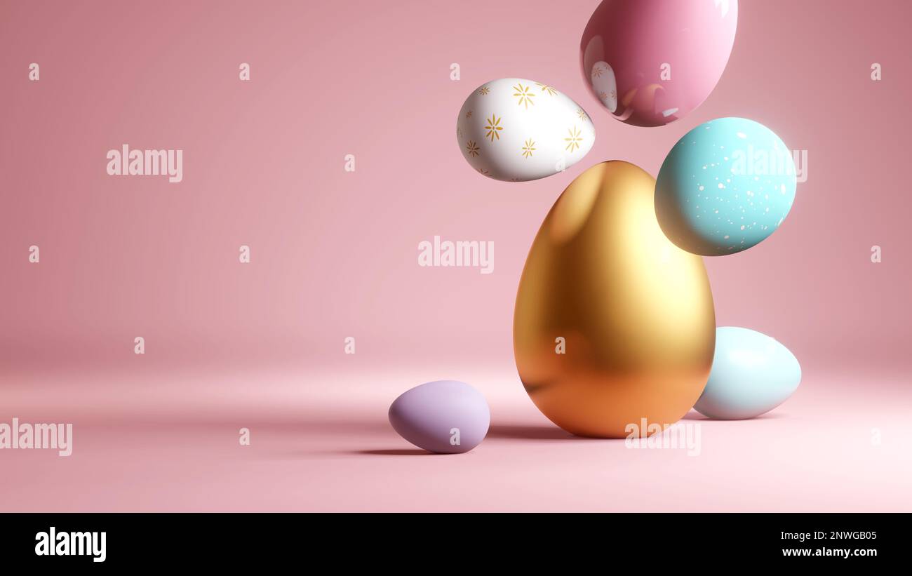 Uova di Pasqua colorate e decorate su uno sfondo rosa pastello. Illustrazione 3D. Foto Stock