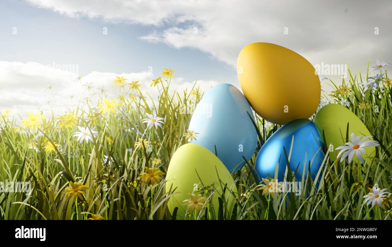 Una collezione di uova di Pasqua decorate in un prato primaverile in una giornata di sole. Illustrazione 3D Foto Stock