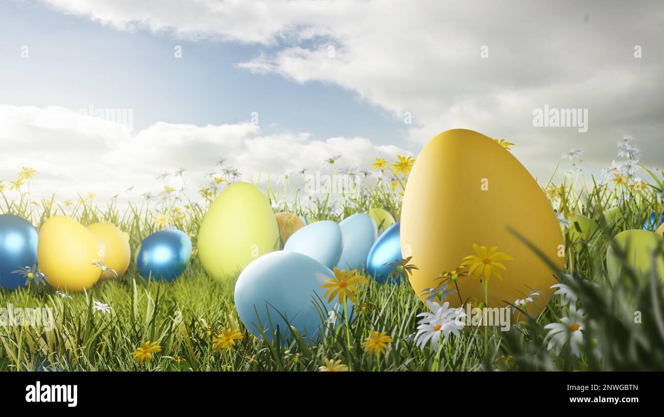 Deocrazione uova di Pasqua in un prato di vetro riempito di fiori un tempo di primavera. Illustrazione 3D Foto Stock