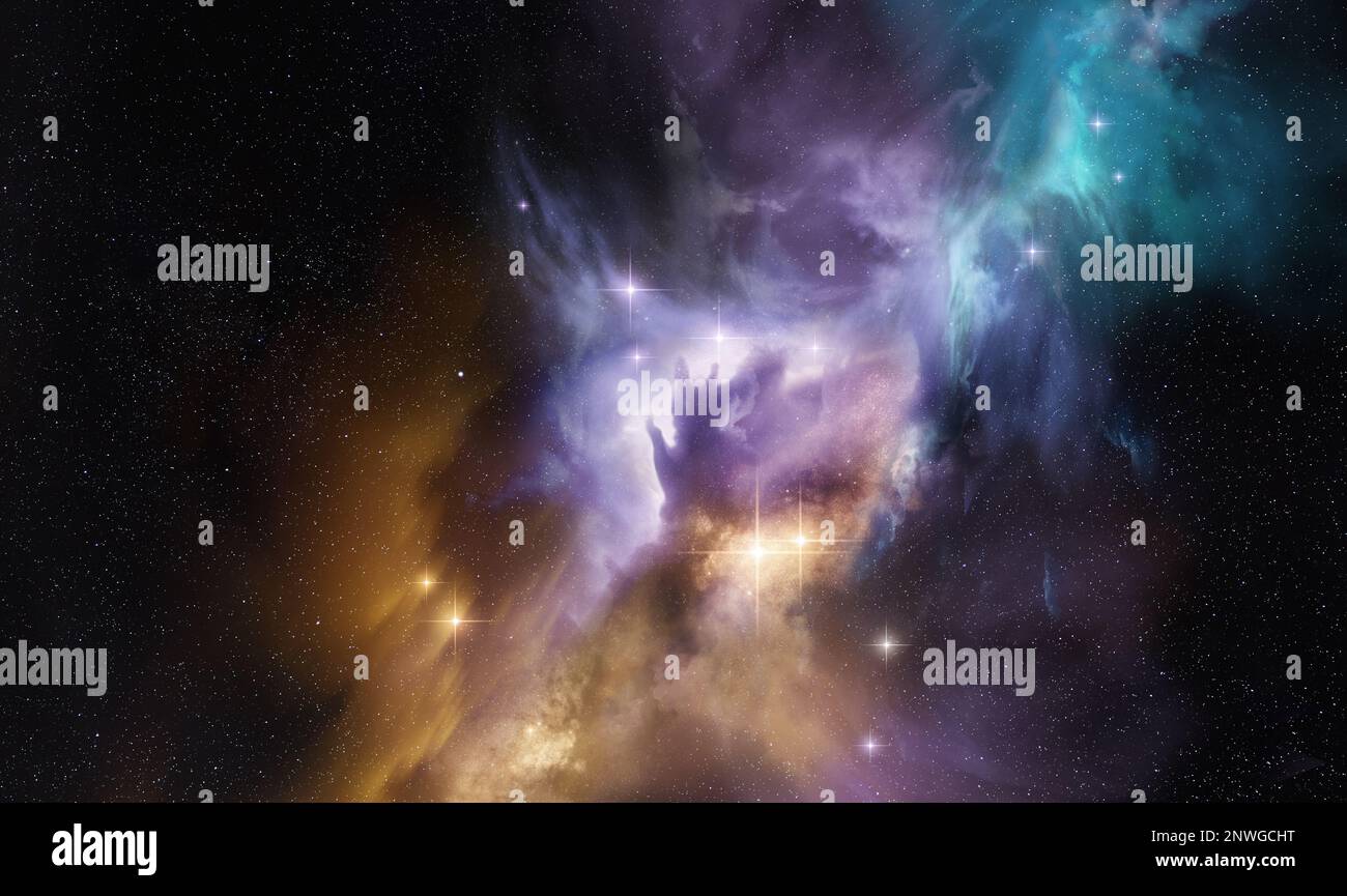 Una bellissima nebulosa di spazio luminoso distante con nuove stelle in formazione. Composizione fotografica. Foto Stock