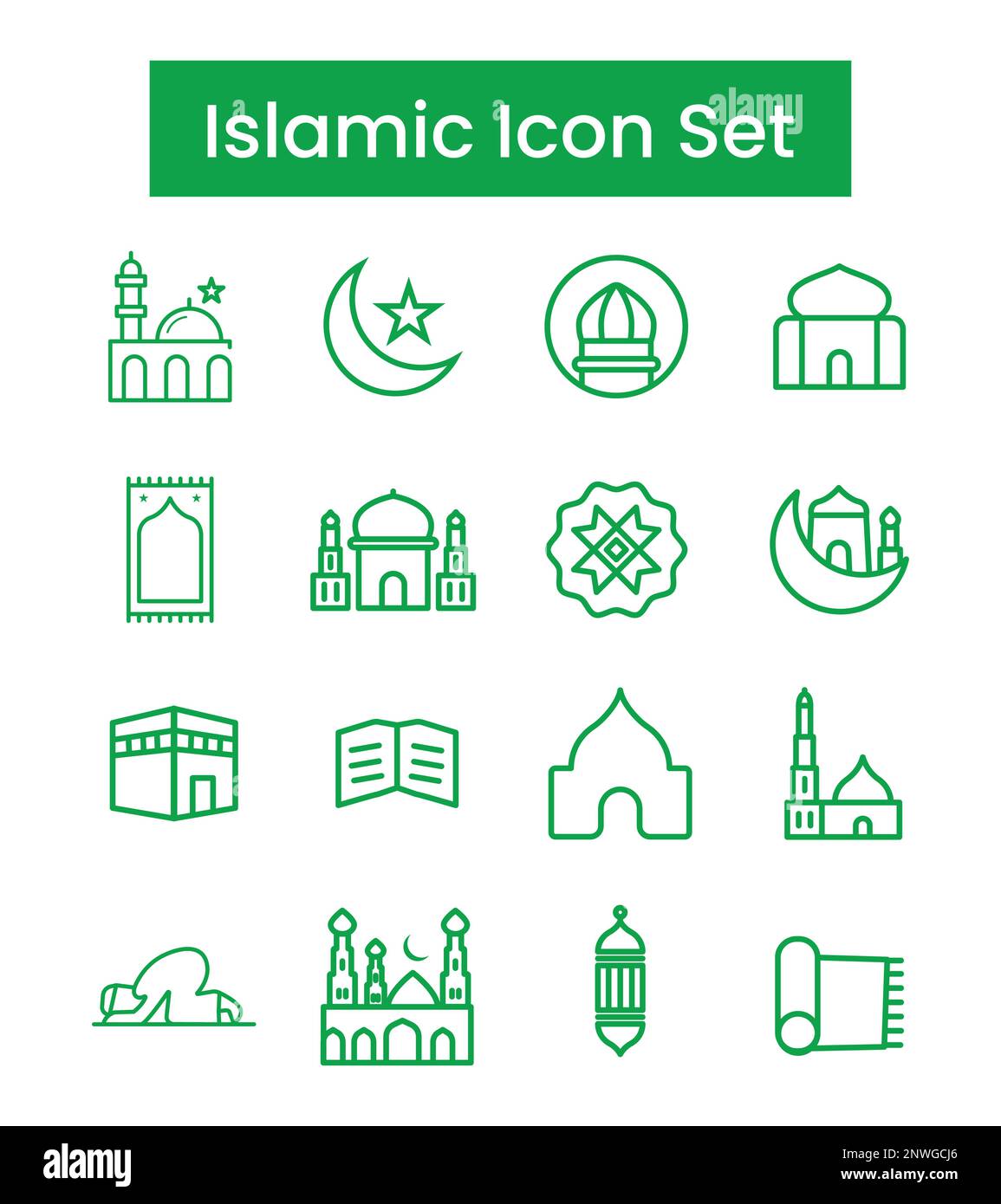 Icone islamiche Set Line Art Vector, Ramadan Kareem Elements, Eid Mubarak Design Elements, preghiera musulmana, Moschea Illustrazione Vettoriale