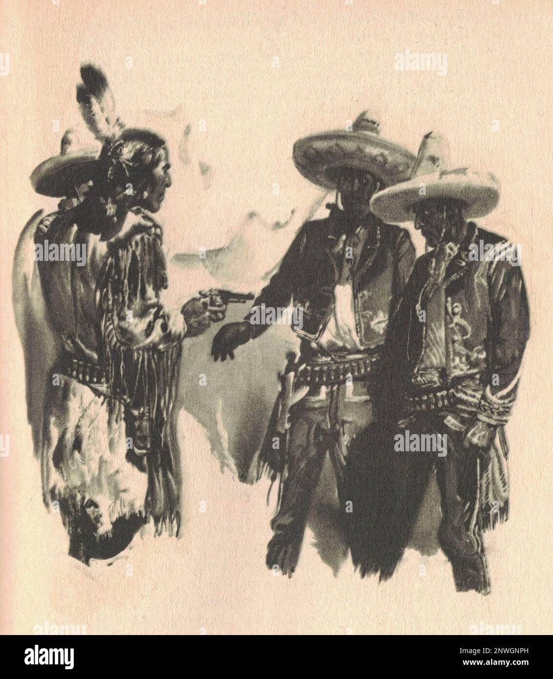 L'illustrazione in bianco e nero mostra un indiano americano che punta una pistola a due messicani. Il disegno mostra la vita nel Vecchio West. L'immagine vintage in bianco e nero mostra la vita di avventura nel secolo precedente. Foto Stock