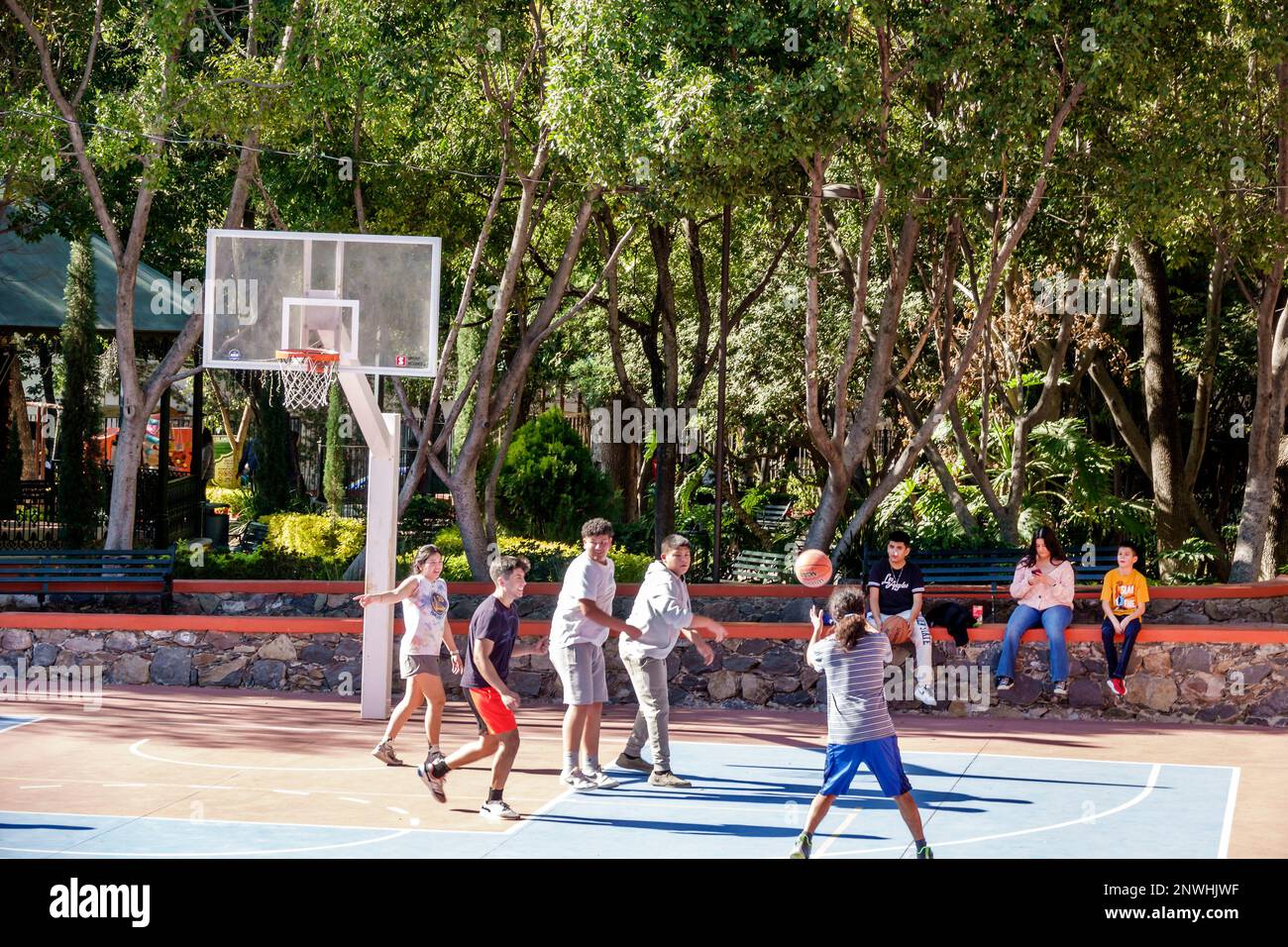 San Miguel de Allende Guanajuato Messico, Historico centro storico centrale, Parque Benito Juarez parco, giocare a basket, teenager teenage teenager teena Foto Stock