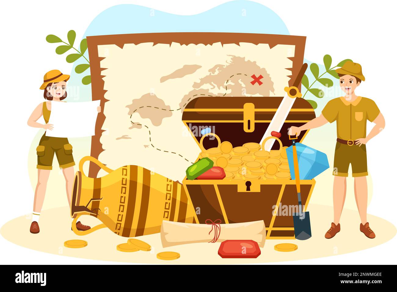 Archeologia Illustrazione con scavi archeologici di antiche rovine, manufatti e fossili di dinosauri in Cartoon piano modelli disegnati a mano Illustrazione Vettoriale