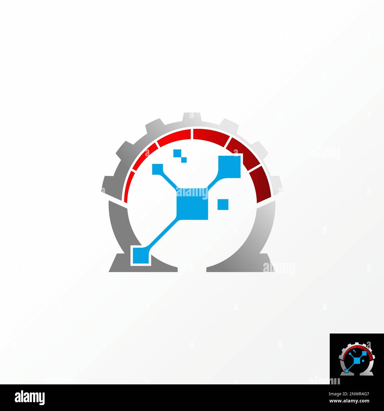 Esclusivo omega segno con gear e tecnologia icona immagine grafica logo design astratto concetto vettore stock. simbolo relativo alla macchina iniziale o intelligente Illustrazione Vettoriale