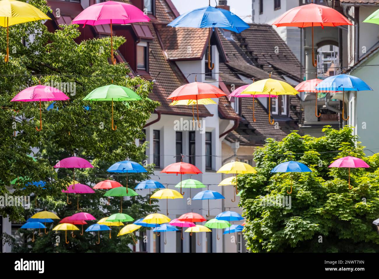 La città vecchia, gli ombrelli colorati sopra la zona pedonale forniscono spruzzi di colore nel centro della città, Costanza, Baden-Wuerttemberg, Germania Foto Stock