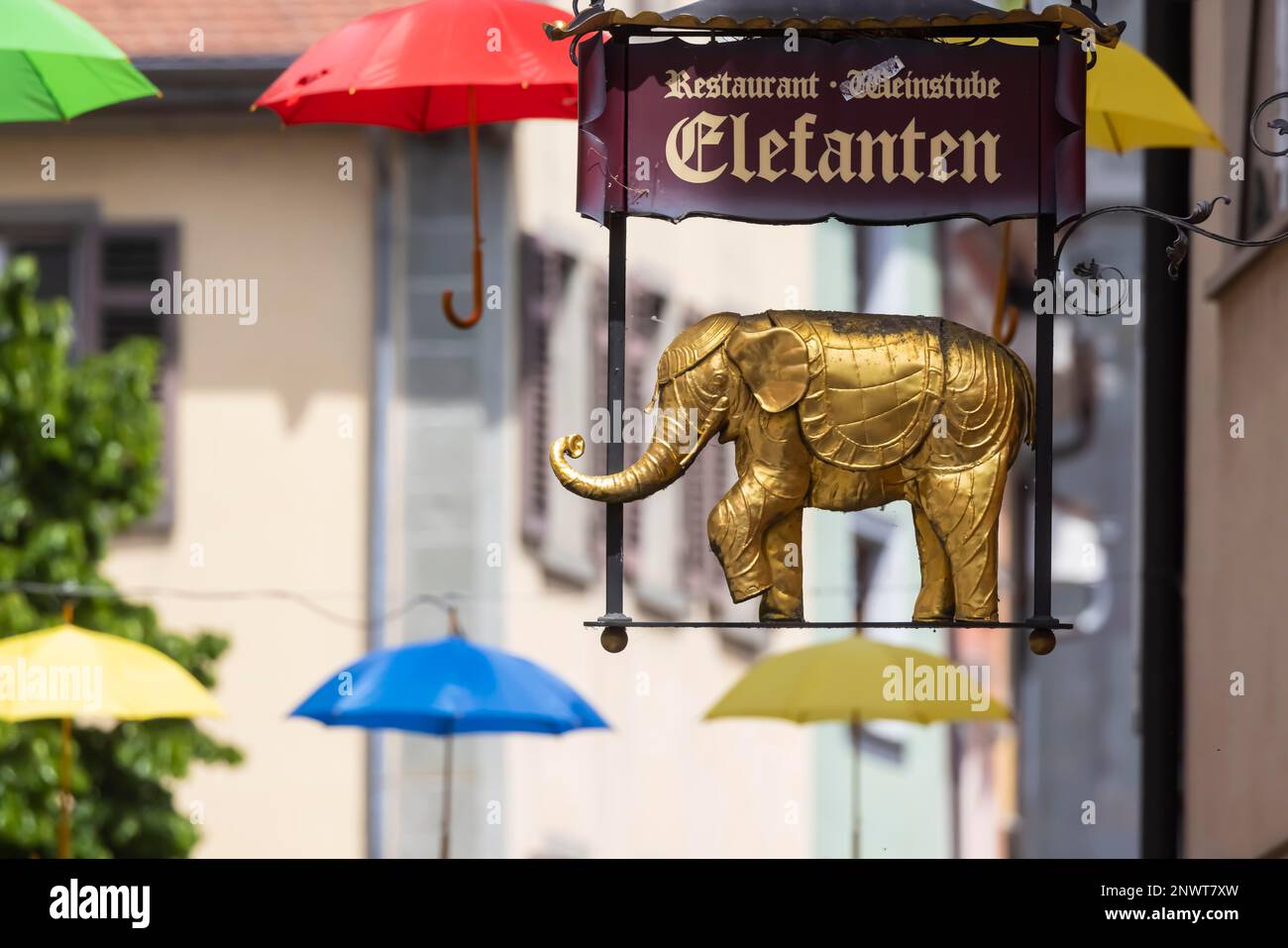 La città vecchia di Costanza, il ristorante Elefant, gli ombrelloni colorati sopra la zona pedonale forniscono spruzzi di colore nel centro della città, Costanza Foto Stock