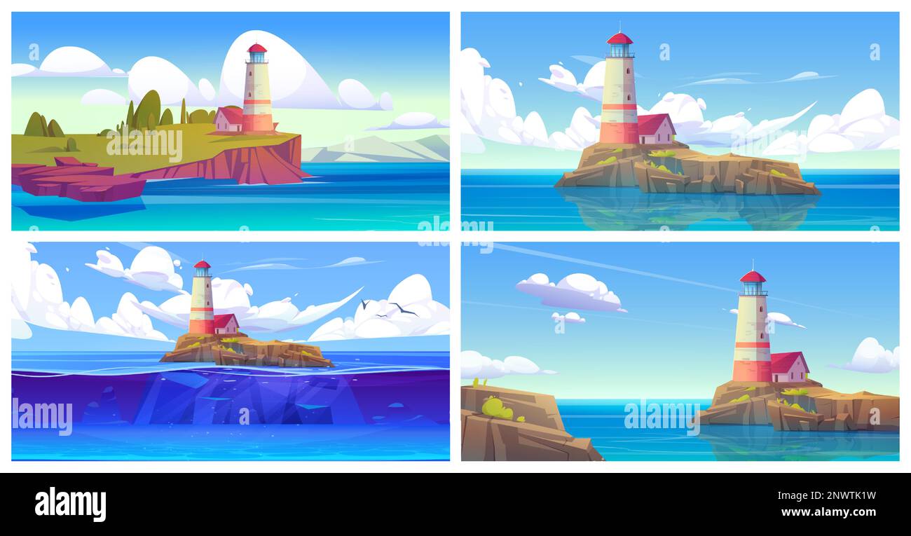 Set di cartoni animati di scene di mare con faro sull'isola. Illustrazione vettoriale della torre nautica su un pezzo di terreno roccioso con alberi verdi e prato sotto il cielo blu, nuvole bianche, uccelli che volano Illustrazione Vettoriale