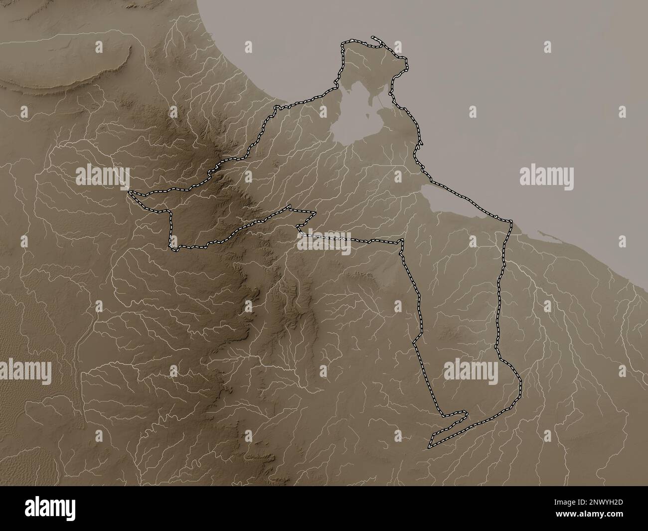 Medenine, governatorato della Tunisia. Mappa dell'altitudine colorata in tonalità seppia con laghi e fiumi Foto Stock