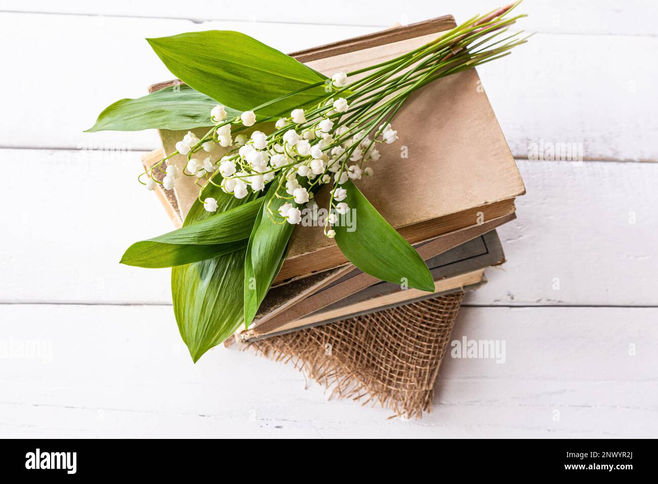 un delicato bouquet di gigli primaverili della valle si trova su una pila di vecchi libri, una tela e una tavola bianca in legno Foto Stock