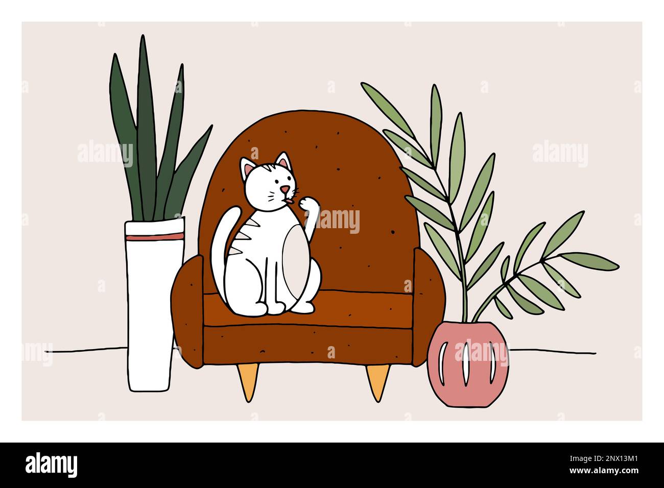 Doodle Cat sul divano. Animale domestico disegnato a mano in un interno accogliente con piante in una pentola. L'animale a strisce bianche lecca la zampa a casa. Linea gattino si siede e si lava Illustrazione Vettoriale