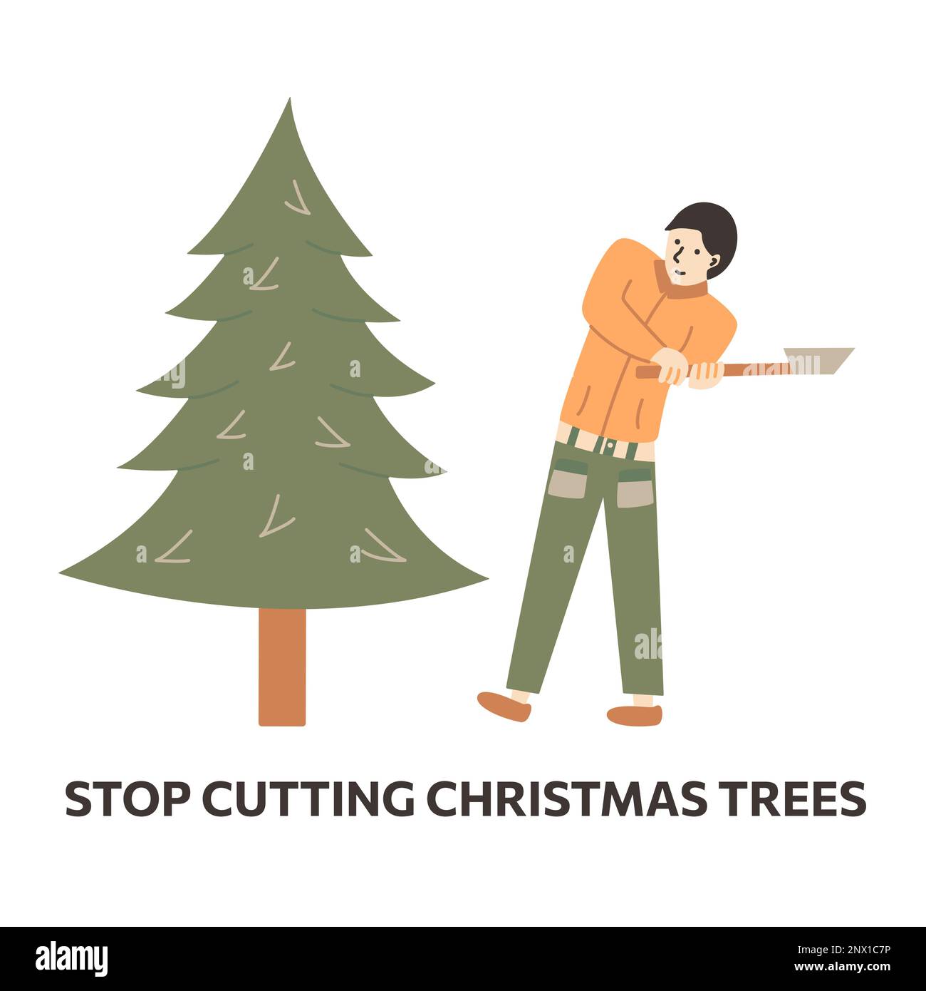 L'uomo vuole abbattere l'albero di Natale con un'ascia. Iscrizione non tagliare alberi di Natale. Tema ecologico, salvare foresta. Vettore colorato illus isolato Illustrazione Vettoriale