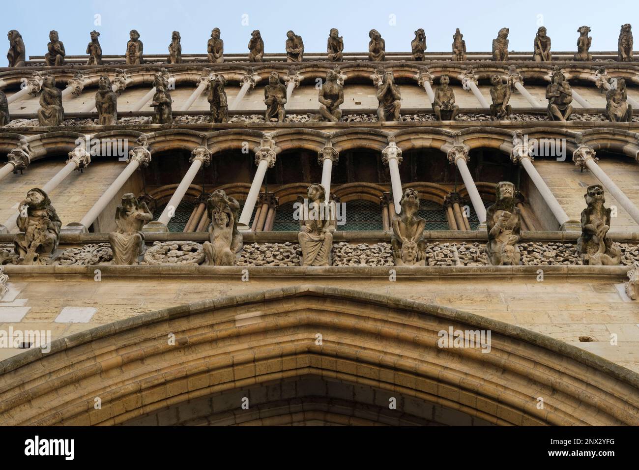 Architettura insolita con sculture di chiesa a Digione, Francia Foto Stock