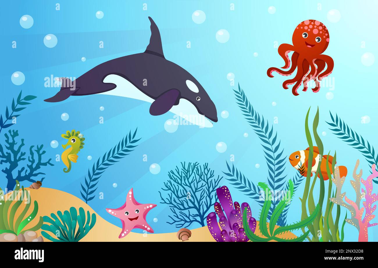 Animali SEA LIFE con scena oceanica . Stile cartone animato . Vettore . Illustrazione Vettoriale