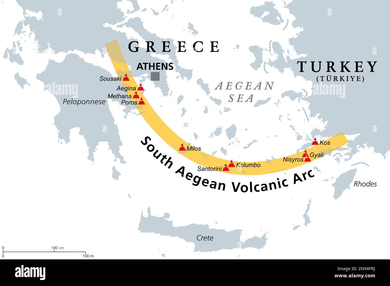 Mappa dell'Arco vulcanico dell'Egeo meridionale. Catena di vulcani formata da tecniche a piastra, causata dalla sottrazione dell'Africa sotto la piastra eurasiatica. Foto Stock
