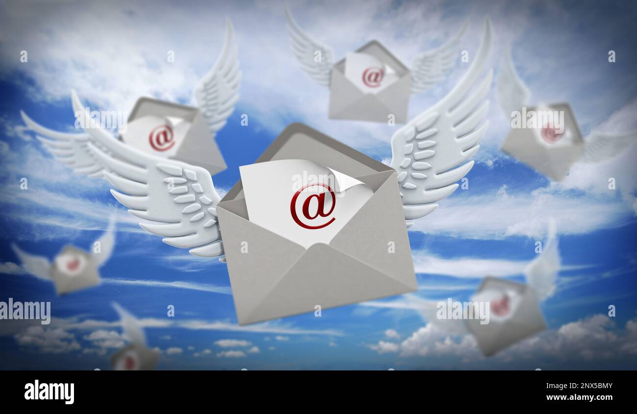 Mail envelope con le ali sullo smartphone contro il cielo. Illustrazione 3D. Foto Stock