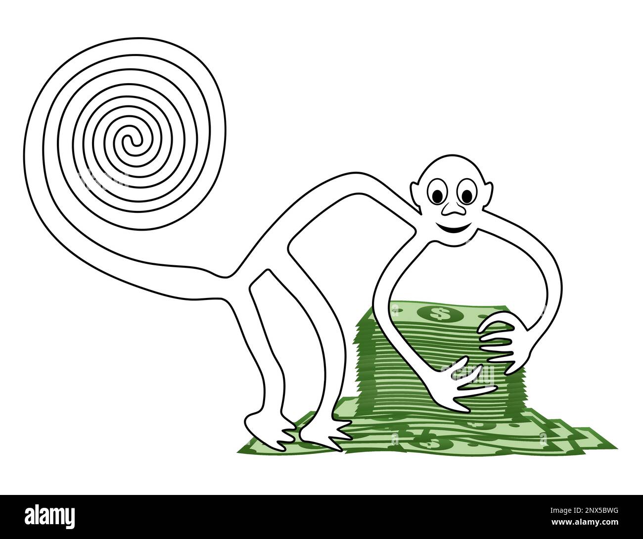 Scimmia con un mucchio di soldi - una parafrasi del famoso geoglyph la scimmia da Nazca, deserto di Nazca, Perù, Sud America Illustrazione Vettoriale