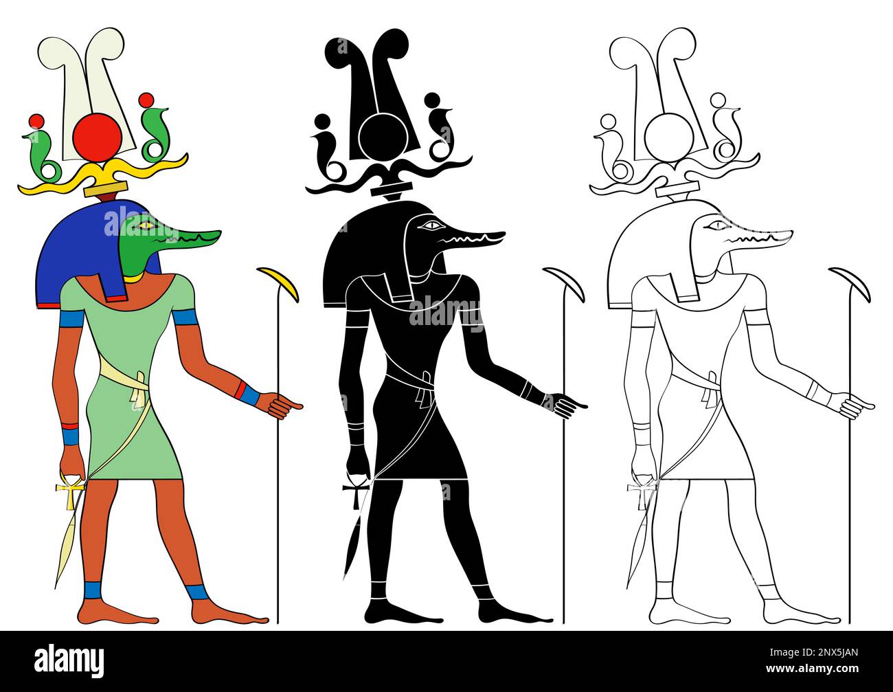 Sobek - coccodrillo Dio della forza e del potere nell'Antico Egitto, alcuni miti coinvolgono Sobek come il creatore del mondo Illustrazione Vettoriale