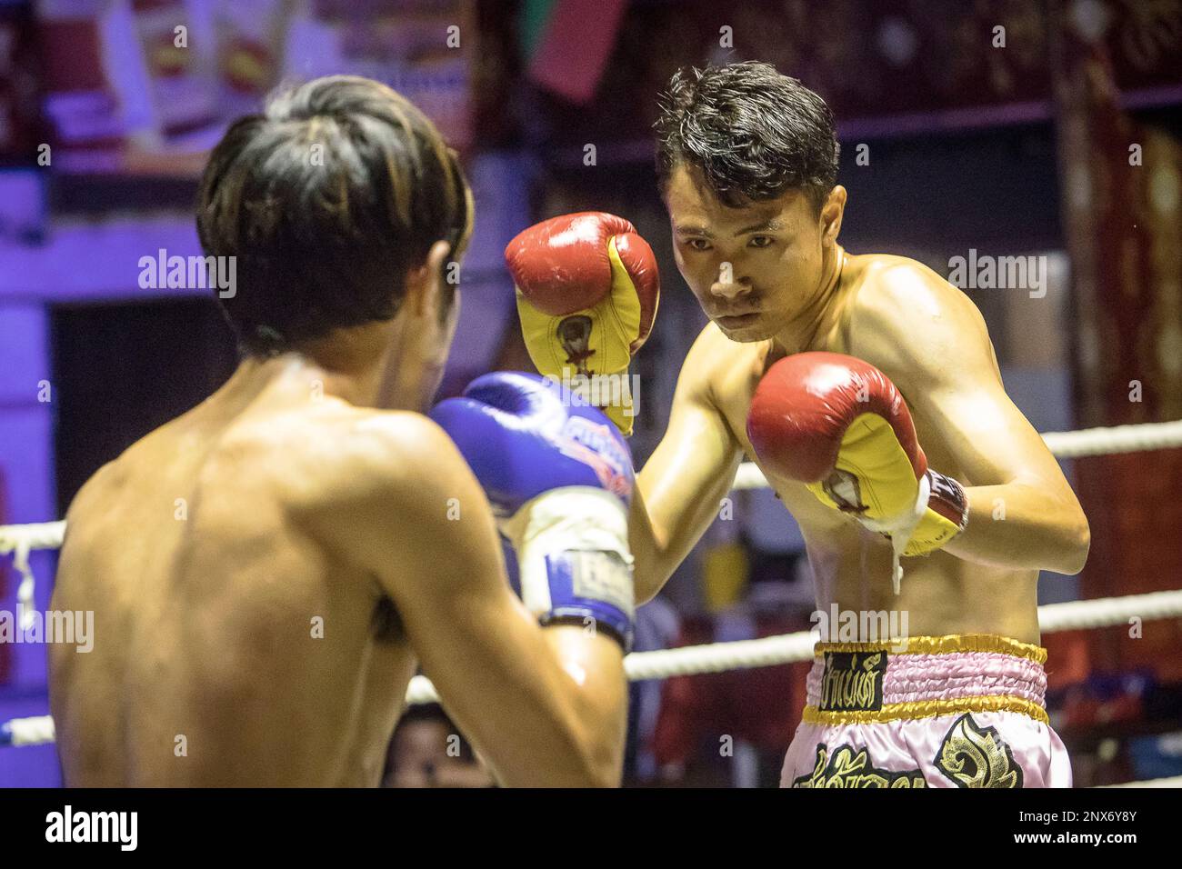 Muay Thai boxers in lotta, Bangkok, Thailandia Foto Stock