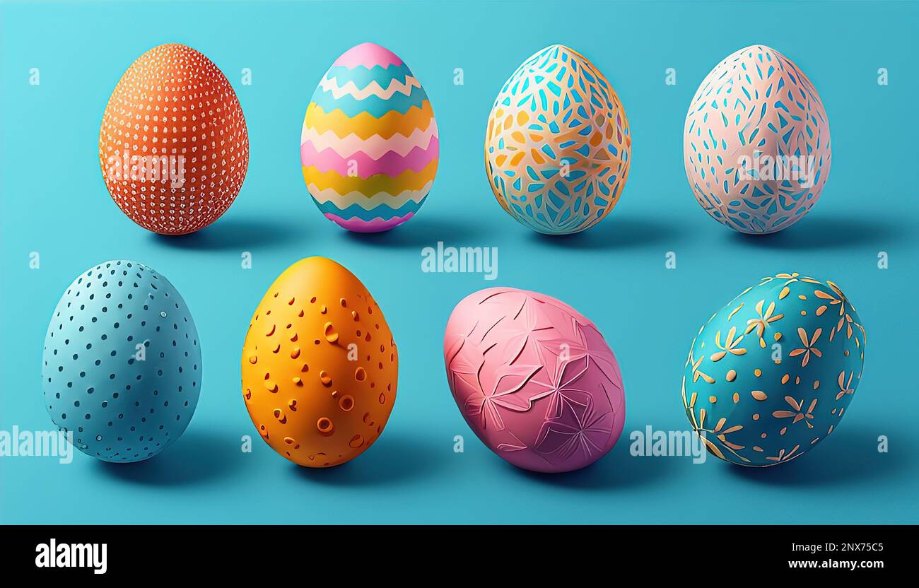 Colorate uova di Pasqua su sfondo blu pastello. Design creativo. Foto Stock