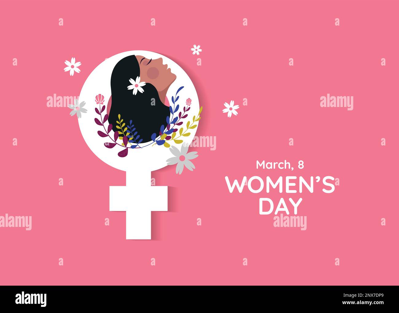 8th marzo, sfondo del concetto della Giornata internazionale della donna con simbolo del sesso femminile e volto femminile su sfondo rosa con spazio di copia. Illustrazione Vettoriale